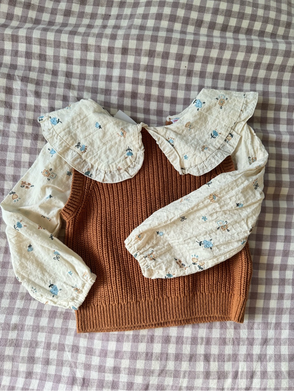 Zara Rust Brown Knit Vest with Cream Floral Puff Sleeve Blouse